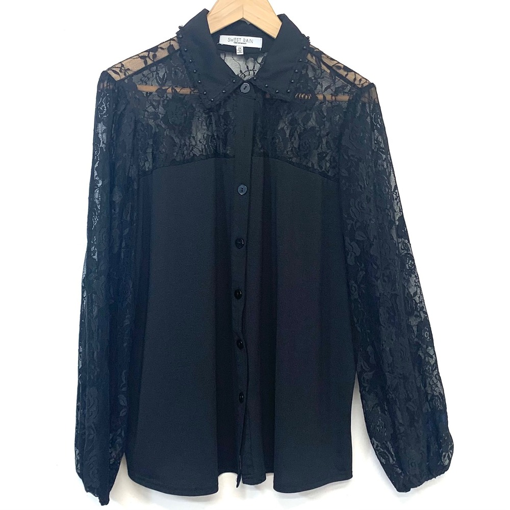 Sweet Rain Black Sheer Lace  Beaded Collar Button Down Blouse Long Sleeve 2XL